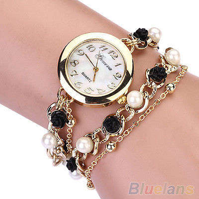 Women's Stunning Geneva Faux Pearl Flower Bracelet Quartz Analog Wrist Watch