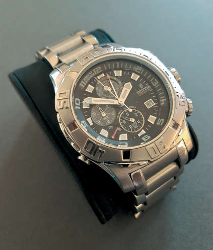 FESTINA CHRONO BIKE 16177 ALL STAINLESS STEEL GENTS WATCH, BLACK DIAL, QUARTZ, ALARM.