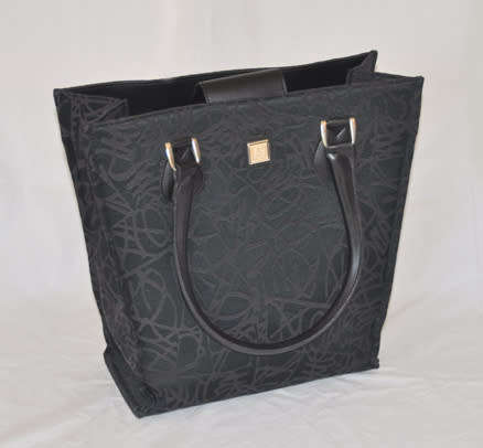DIANE VON FURSTENBERG BLACK BROCADE CANVAS TOTE, BLACK LEATHER STRAPS AND ACCENTS