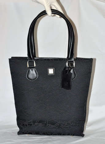 DIANE VON FURSTENBERG BLACK BROCADE CANVAS TOTE, BLACK LEATHER STRAPS AND ACCENTS