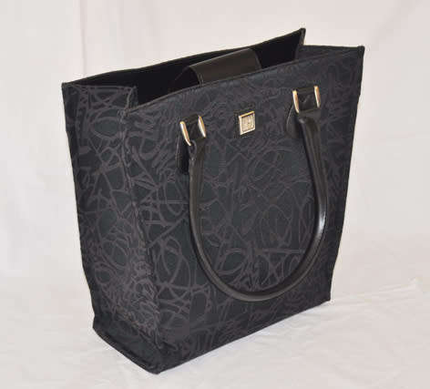 DIANE VON FURSTENBERG BLACK BROCADE CANVAS TOTE, BLACK LEATHER STRAPS AND ACCENTS
