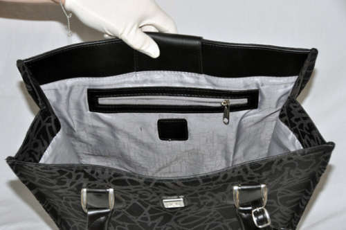 DIANE VON FURSTENBERG BLACK BROCADE CANVAS TOTE, BLACK LEATHER STRAPS AND ACCENTS