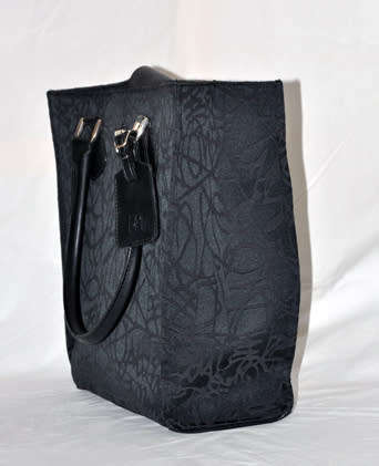 DIANE VON FURSTENBERG BLACK BROCADE CANVAS TOTE, BLACK LEATHER STRAPS AND ACCENTS