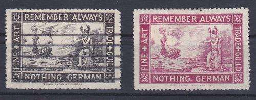 GREAT BRITAIN PROPAGANDA LABELS - POST WW1 "REMEMBER ALWAYS NOTHING GERMAN"