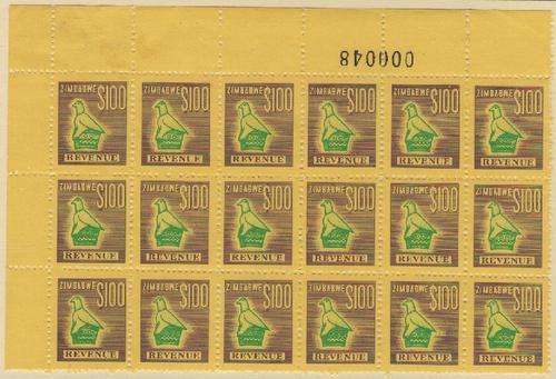 ZIMBABWE REVENUE $100 BAREFOOT 15 VARIETY - MARGINAL BLOCK OF (18)