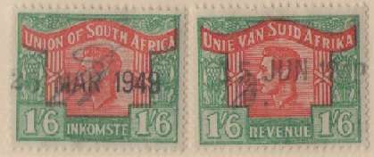 SOUTH AFRICA REVENUE VARIETY LANGUAGE ERRORS BAREFOOT 70a 1s6d 1947 (x2)