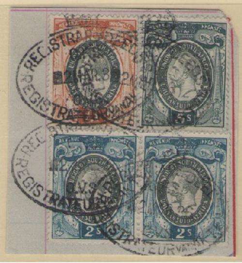 SOUTH AFRICA GEORGE V REVENUES  BAREFOOT 23,26,29 2s (x2) 50 (x1) 1 POUND (x1)
