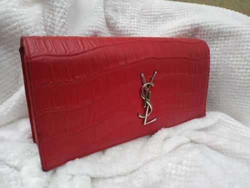 YVES SAINT LAURENT Red Croc Embossed Leather Kate Clutch Bag
