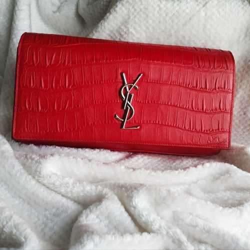 YVES SAINT LAURENT Red Croc Embossed Leather Kate Clutch Bag