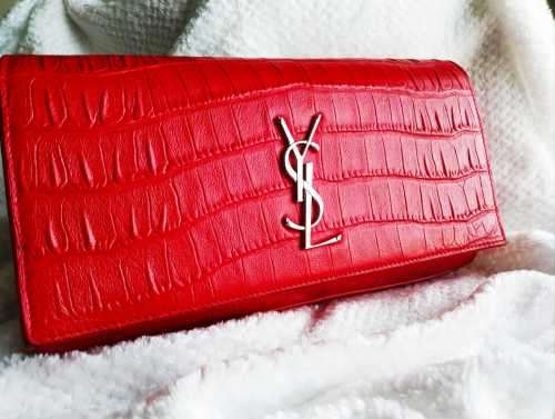 YVES SAINT LAURENT Red Croc Embossed Leather Kate Clutch Bag