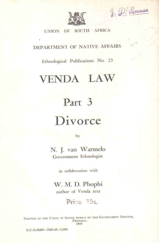 Venda Law Part 3 Divorce -- van Warmelo and Phophi