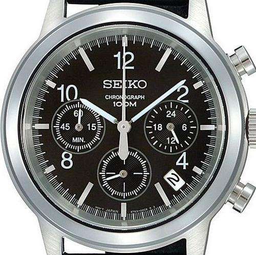 SEIKO Chronograph Black Leather Mens Watch