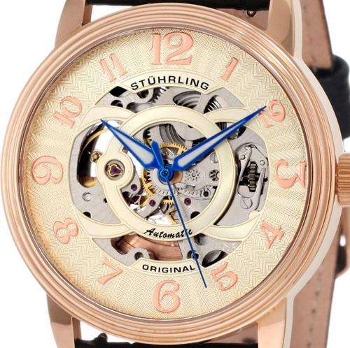 STUHRLING Delphi Omega Rose Gold Automatic Skeleton Mens Watch