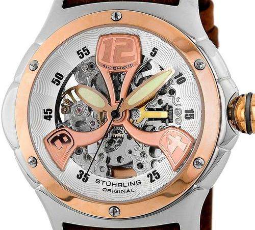 STUHRLING Alpine Rose Gold Automatic Skeleton Mens Watch