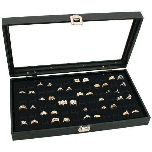 Glass Top Black Jewellery Display Case - 72 Ring Slots
