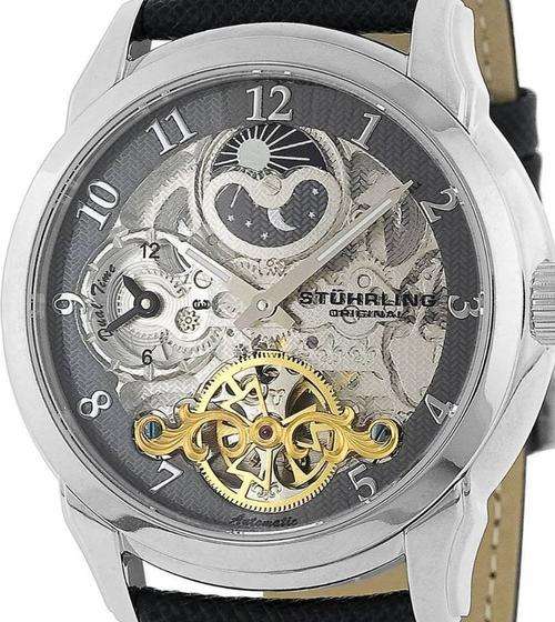 STUHRLING Tempest Dual Time Moon Phase Automatic Skeleton Mens Watch