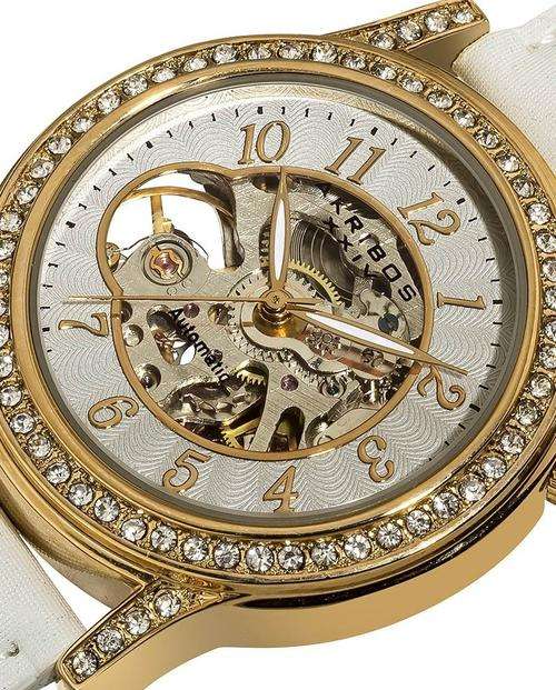 AKRIBOS XXIV Crystal Accented Automatic Skeleton Ladies Watch