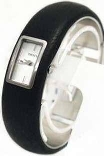 DKNY Black Leather & Stainless Steel Ladies Bangle Watch