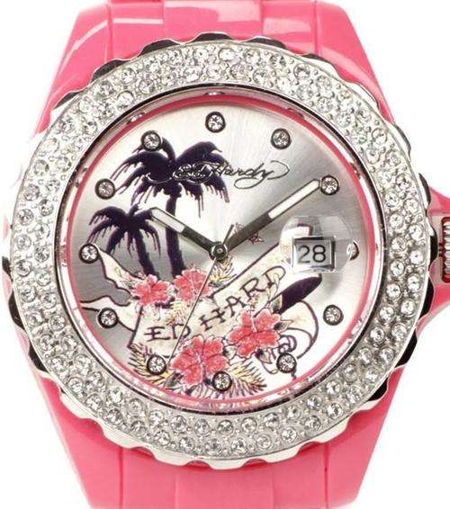 ED HARDY Roxxy Pink Crystal Accented Large Dial Ladies Watch