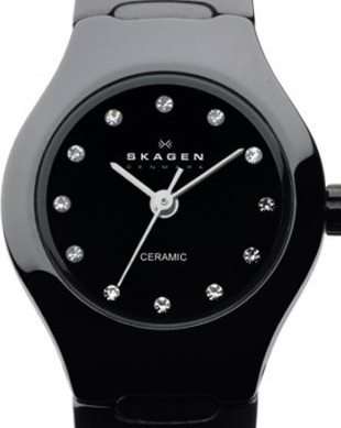 Authentic SKAGEN Denmark Crystal Accented Black Ceramic Ladies Watch