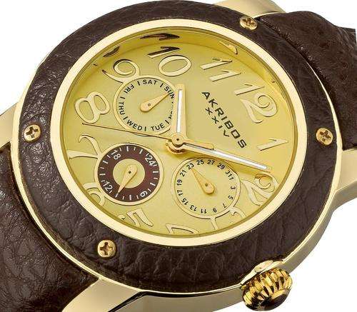 AKRIBOS XXIV Multifunction Brown Leather Oversized Ladies Watch
