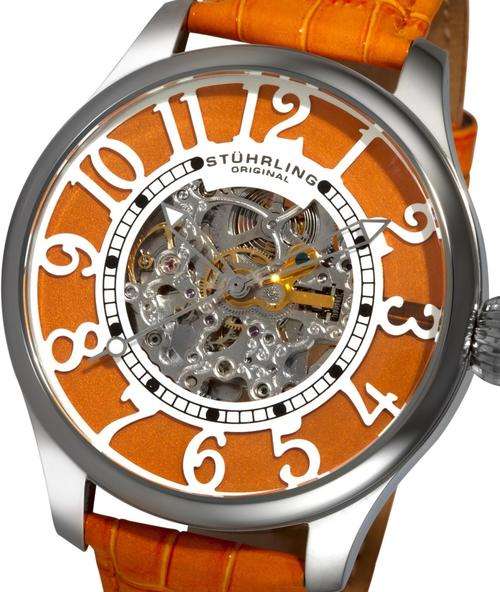 STUHRLING Calypso Orange Leather Oversized Ladies Watch