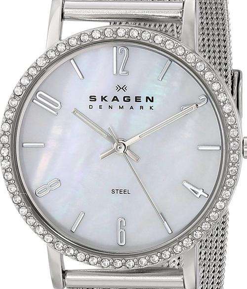 Authentic SKAGEN Denmark Ultra Slim Crystal Accented Mother Of Pearl Ladies Watch