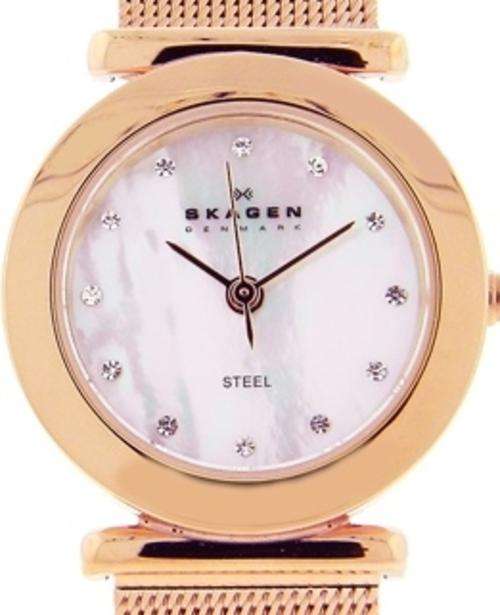 Authentic SKAGEN Denmark Ultra Slim Rose Gold Mother Of Pearl Crystal Accented Ladies Watch