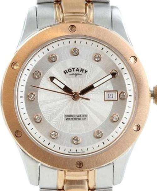 Authentic ROTARY Bridge Water Crystal Accented Two Tone Ladies Watch