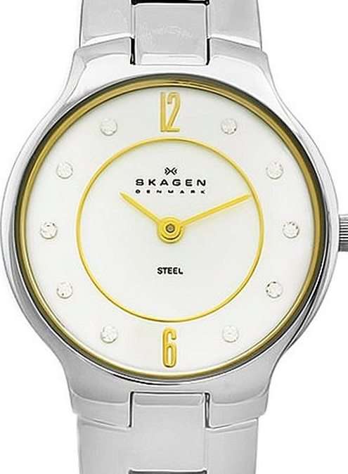 Authentic SKAGEN Denmark Ultra Slim Two Tone Crystal Accented Ladies Watch