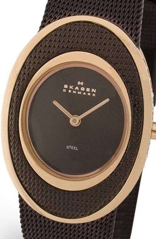 Authentic SKAGEN Denmark Ultra Slim Brown Mother Of Pearl Crystal Accented Ladies Watch