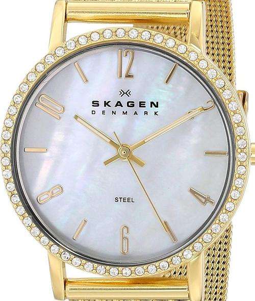 Authentic SKAGEN Denmark Ultra Slim Crystal Accented Mother Of Pearl Ladies Watch