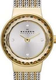 Authentic SKAGEN Denmark Two Tone Crystal Accented Faceted Glass Ladies Watch