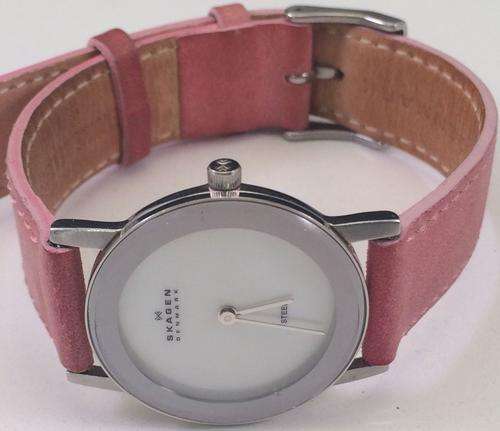 Authentic SKAGEN Denmark Ultra Slim Pink Leather Mother Of Pearl Ladies Watch