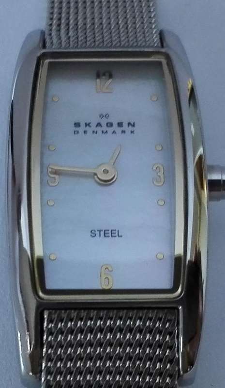 Authentic SKAGEN Denmark Two Tone Mother Of Pearl Mesh Band Ladies Watch