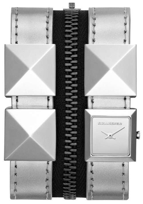 Authentic KARL LAGERFELD Zip Double Strap Silver Cuff Ladies Watch