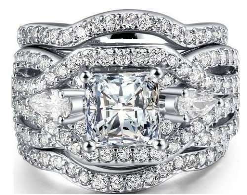 Princess Cut Engagement Triple Wedding Ring Set - Size 8