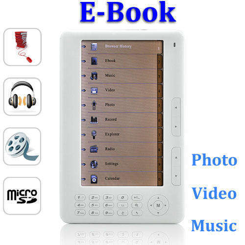 7 inch High Resolution 800 x 480 HD ebook reader, Super media 720P player with internal 4G memory