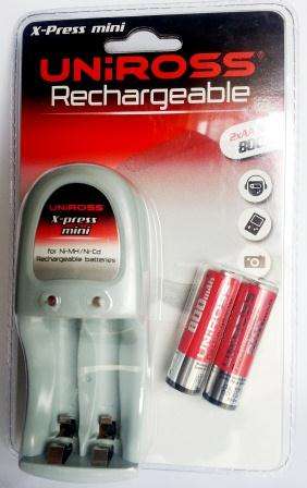 Uniross X-Press mini 2 pin plug Charger and 2x AA rechargeable Ni-Cd batteries.