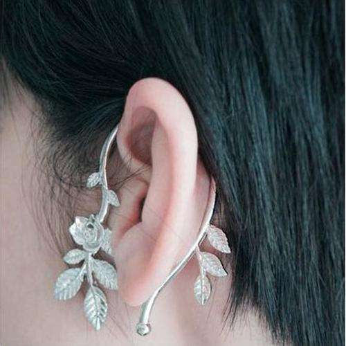 Silver leaves hook over earring / ear cuff