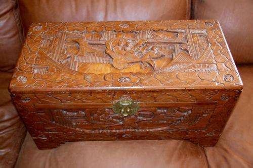 Vintage Asian Hand Carved 100% Campher Wood Chest / Kist  with Very Unique Key
