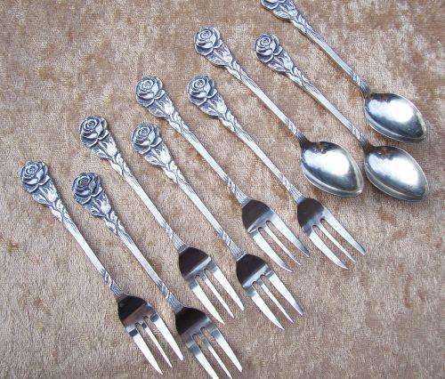 6 Cake Forks with Rose Pattern + 3 Spoons