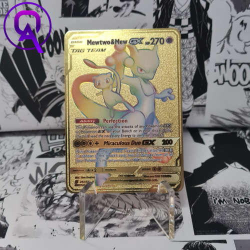 Pokemon Gold Metal Cards - Mewtwo and Mew GX + Display stand