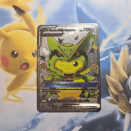Pokemon Gold Metal Cards - Pikachu Cosplay - Mega Rayquaza + Display stand [Silver]