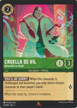 Disney Lorcana Trading Card Game - Cruella de Vil - Miserable as Usual - 72/204 - Rare The First Cha