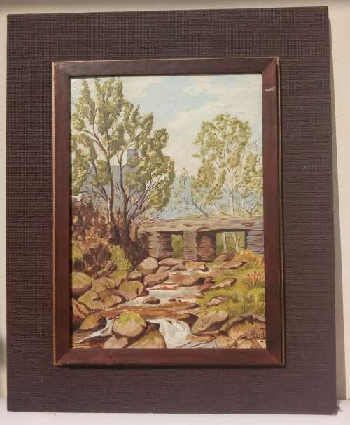 Original oil painting - Old stone bridge in the mountain