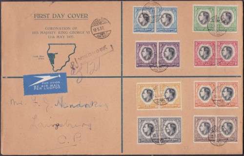SWA - 1937 KGVI CORONATION, SET OF 8 PAIRS TO 1 SHILLING ON AIRMAIL FDC - FAIR!!!!!