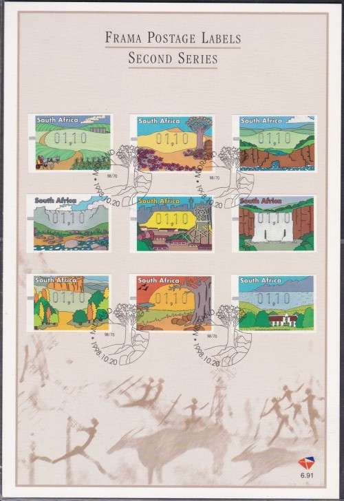 RSA - FRAMA POSTAGE LABELS:SECOND SERIES, FIRST DAY SHEET 6.91 - AS NEW!!!!!