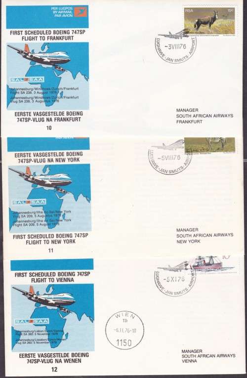 RSA - 3 X FIRST SCHEDULED BOEING 747SP FLIGHT COVERS, NO.10 & NO.11 & NO.12 - ALL FAIR!!!!!