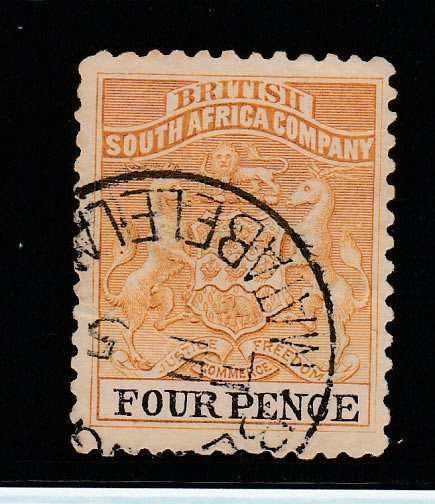 BSAC RHODESIA-1892 RECESS ARMS-4D YELLOW BROWN-CV R360-MATABELELAND POSTMARK,FINE USED